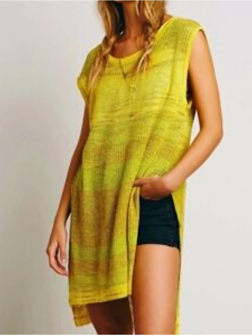 Free People Lime-Gold Knit Side-Slit Tunic